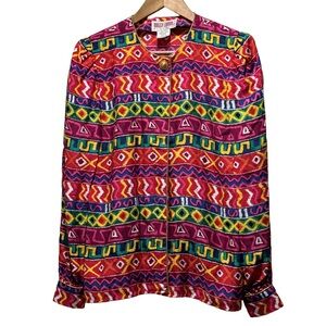 Vintage Maggy London multi-coloured 100% silk with ruffle cuffs blouse Size 4